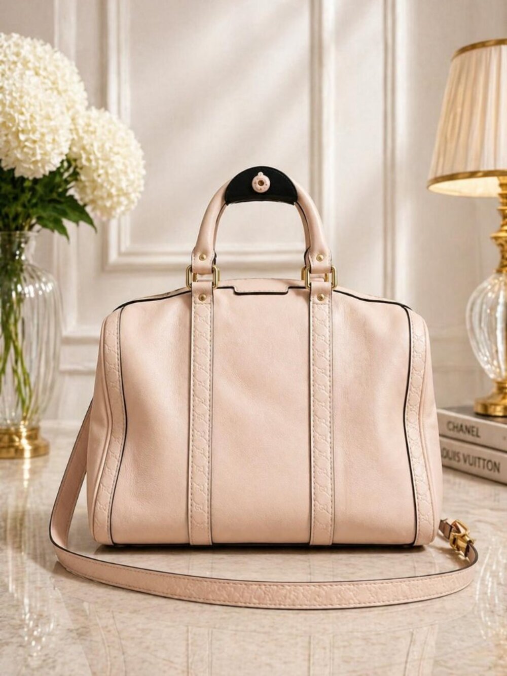 Authentic Gucci Guccissima Boston Bag Beige Leather Satchel/Shoulder Bag